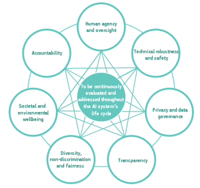 Interrelationship of the seven requirements: all are of equal importance, support each other, and should be implemented and evaluated throughout the AI system’s lifecycle (European Commission, 2019)